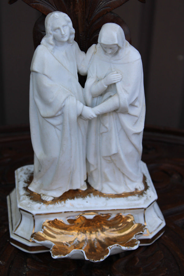 Antique large french vieux paris porcelain wood cross crucifix calvary religious