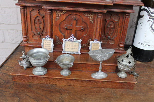 Antique religious home altar wood carved toys rare monstrance chalice 1900s
