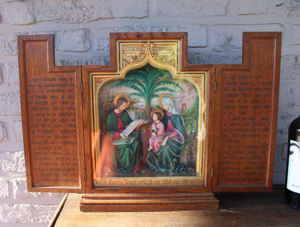 antique neo gothic triptych relief terracotta holy family bible text wood frame