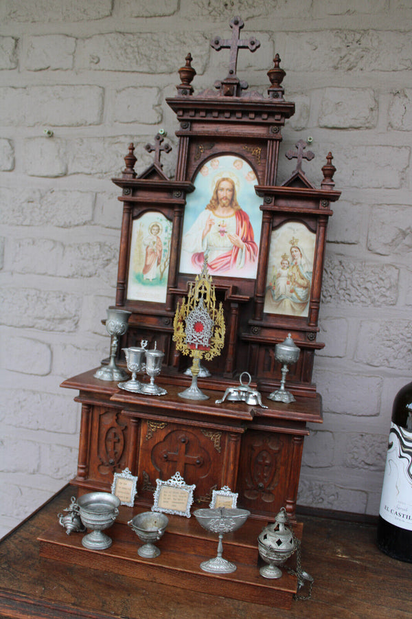 Antique religious home altar wood carved toys rare monstrance chalice 1900s