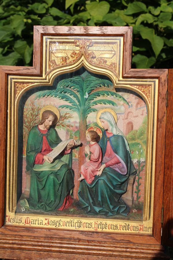 antique neo gothic triptych relief terracotta holy family bible text wood frame