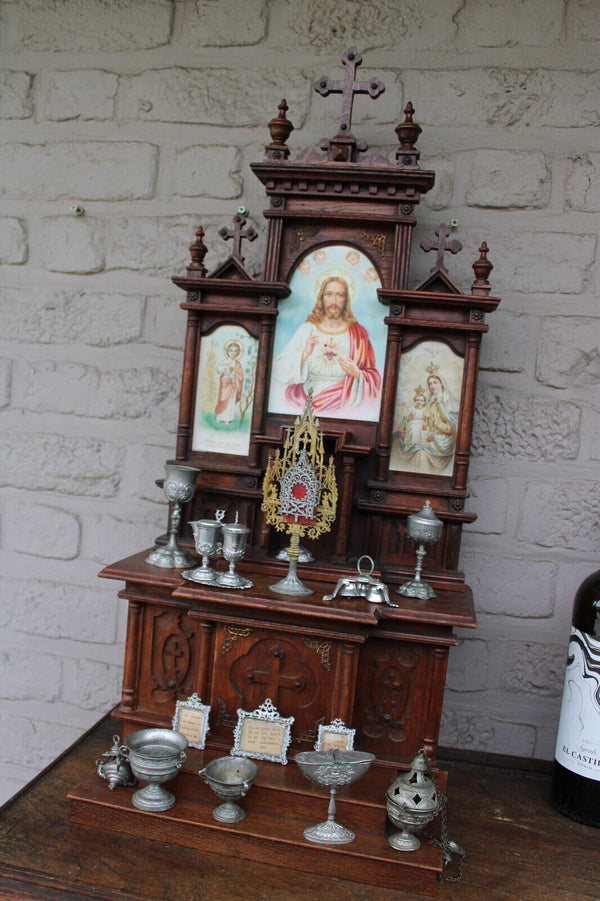 Antique religious home altar wood carved toys rare monstrance chalice 1900s