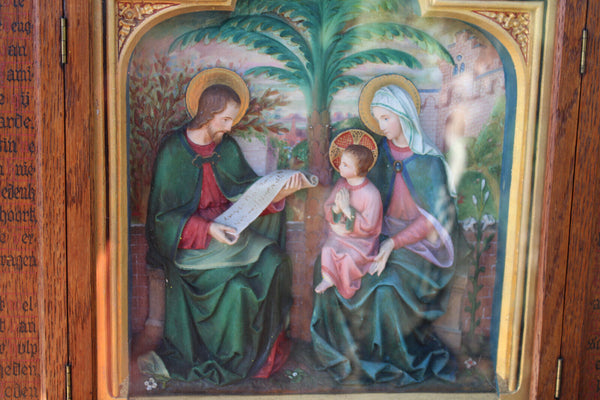 antique neo gothic triptych relief terracotta holy family bible text wood frame
