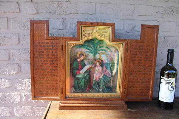 antique neo gothic triptych relief terracotta holy family bible text wood frame
