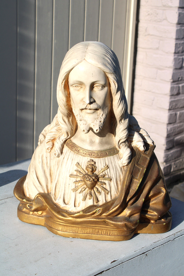 Antique ceramic chalk bust statue sacred heart jesus signed