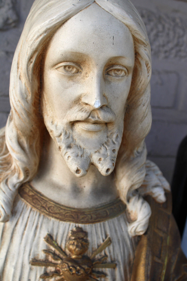 Antique ceramic chalk bust statue sacred heart jesus signed