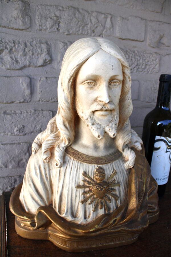 Antique ceramic chalk bust statue sacred heart jesus signed