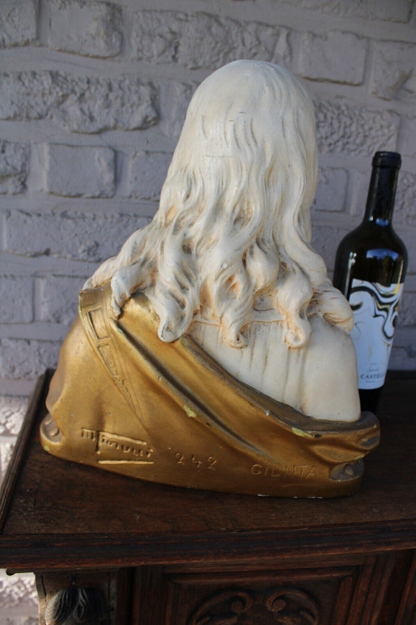 Antique ceramic chalk bust statue sacred heart jesus signed