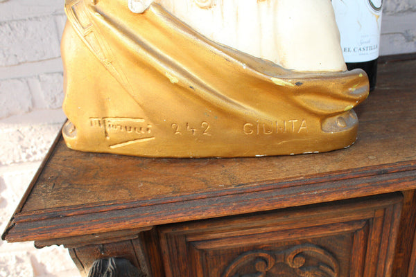 Antique ceramic chalk bust statue sacred heart jesus signed