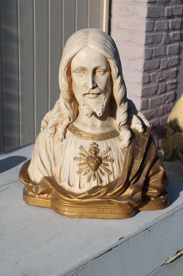Antique ceramic chalk bust statue sacred heart jesus signed