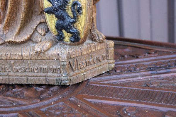 Antique Ceramic XL statue our lady of flanders lion signed MERLINI religious