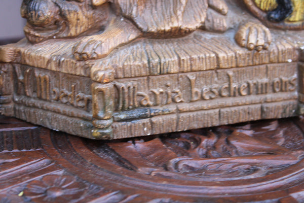 Antique Ceramic XL statue our lady of flanders lion signed MERLINI religious