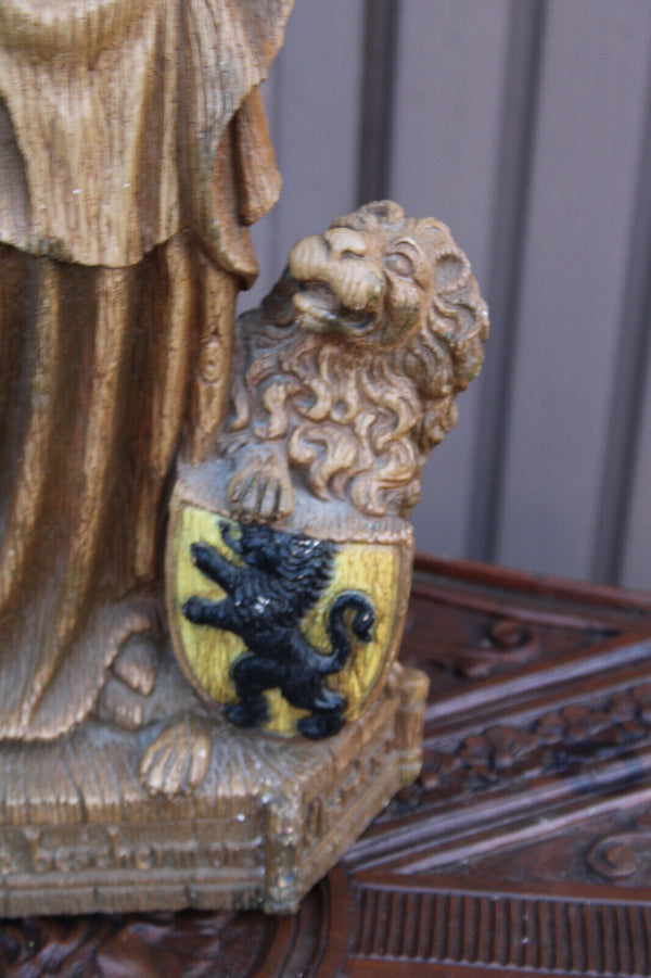 Antique Ceramic XL statue our lady of flanders lion signed MERLINI religious