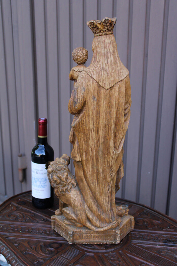 Antique Ceramic XL statue our lady of flanders lion signed MERLINI religious