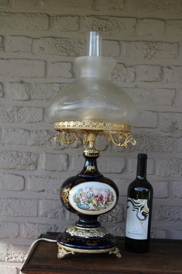 LARGE cobalt blue limoges porcelain decor table lamp glass shade