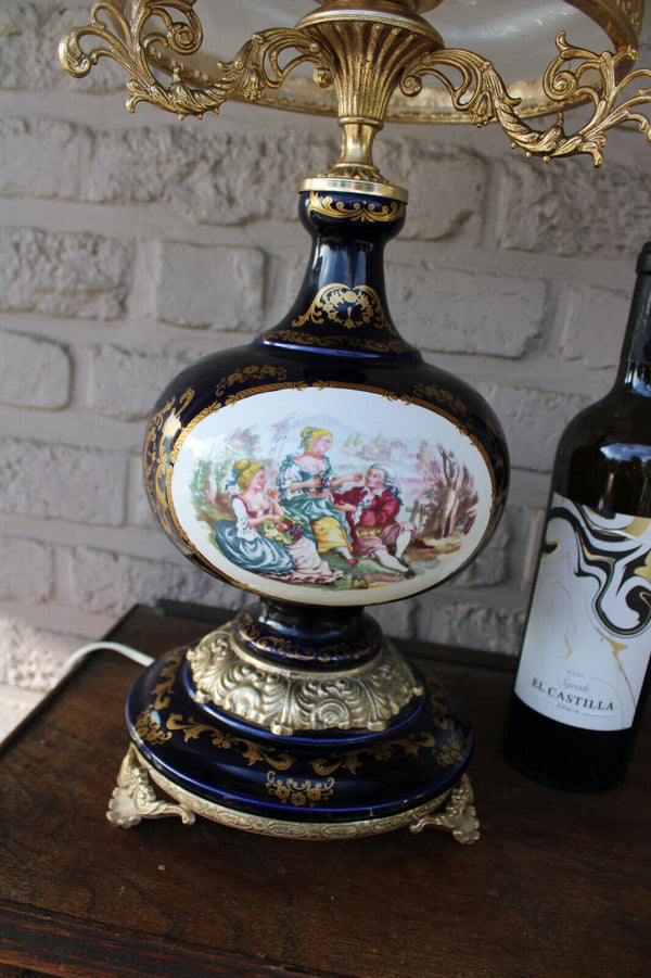 LARGE cobalt blue limoges porcelain decor table lamp glass shade