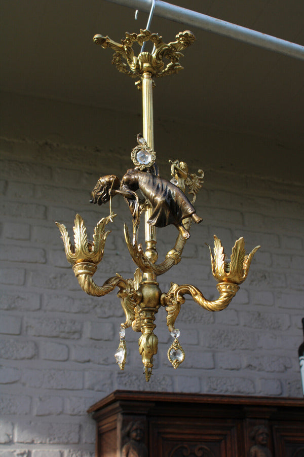 Rare vintage bronze 3 arm chandelier cupido fairy figural lamp glass pendants