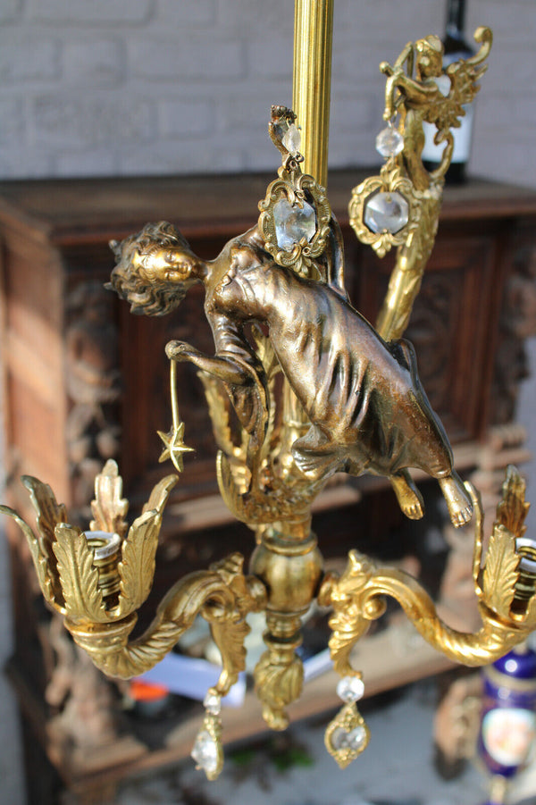 Rare vintage bronze 3 arm chandelier cupido fairy figural lamp glass pendants