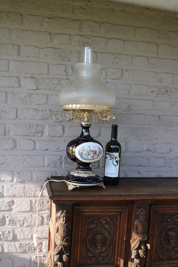 LARGE cobalt blue limoges porcelain decor table lamp glass shade