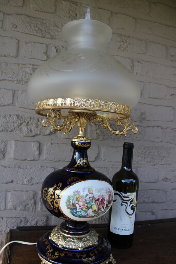 LARGE cobalt blue limoges porcelain decor table lamp glass shade