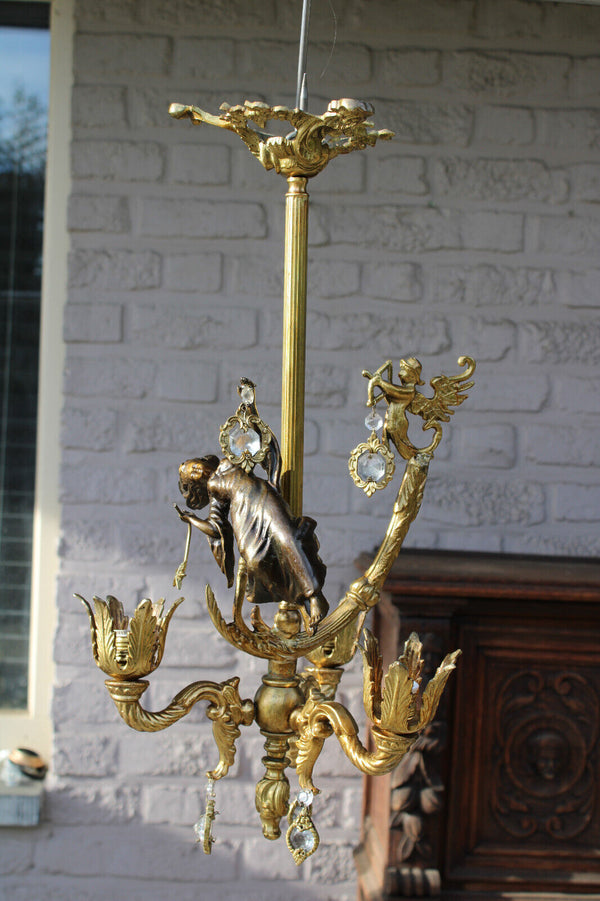 Rare vintage bronze 3 arm chandelier cupido fairy figural lamp glass pendants