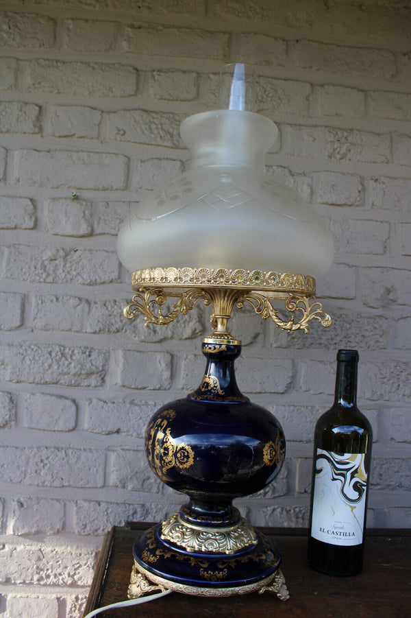 LARGE cobalt blue limoges porcelain decor table lamp glass shade