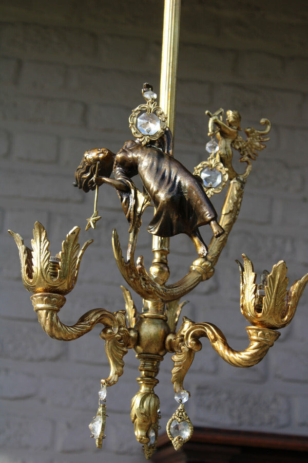 Rare vintage bronze 3 arm chandelier cupido fairy figural lamp glass pendants