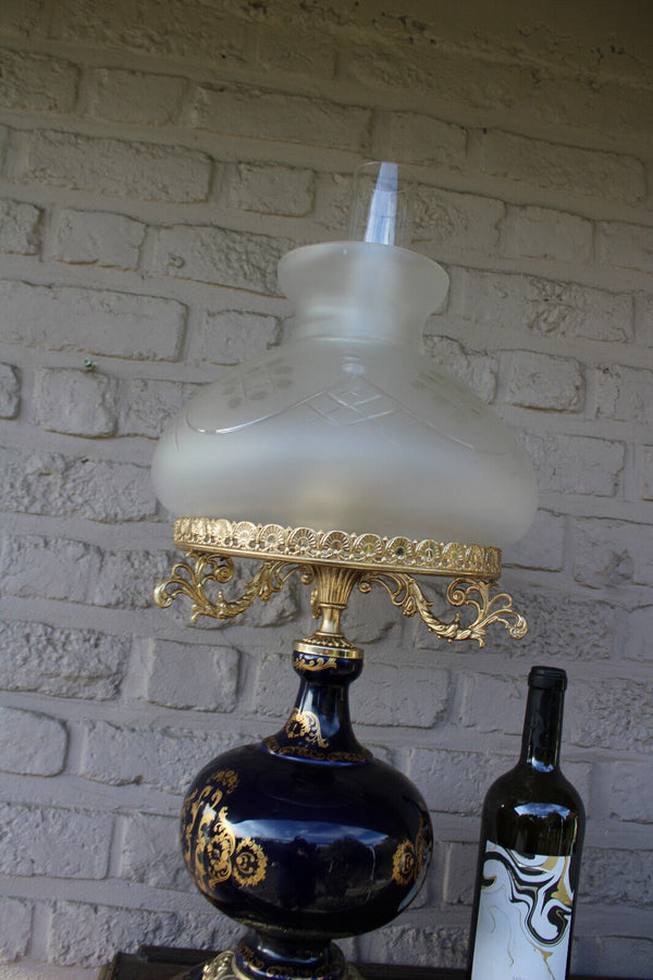 LARGE cobalt blue limoges porcelain decor table lamp glass shade