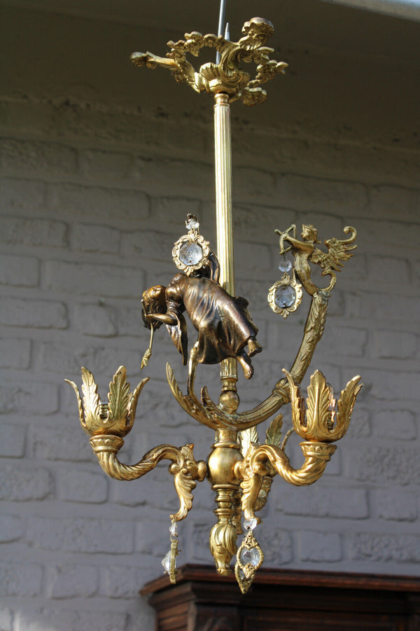 Rare vintage bronze 3 arm chandelier cupido fairy figural lamp glass pendants
