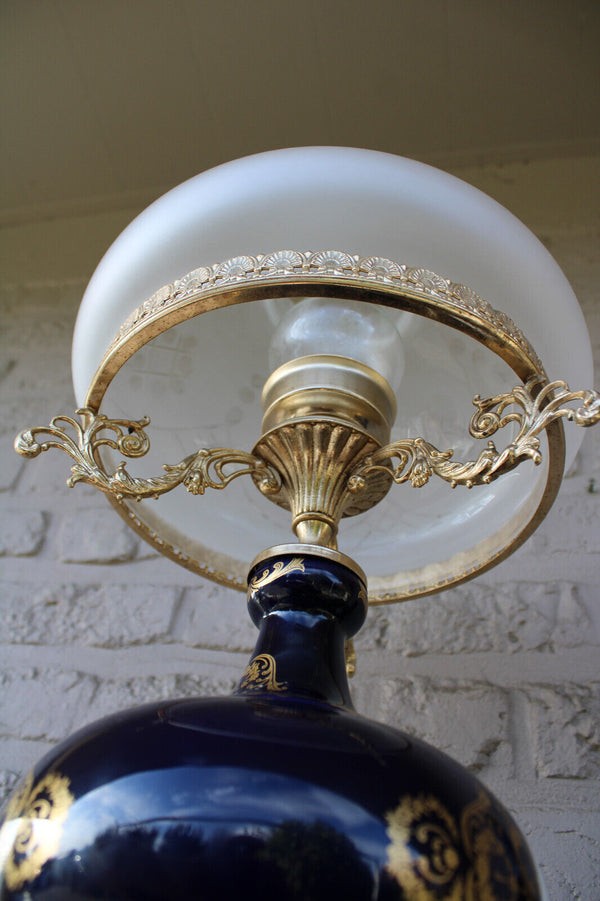 LARGE cobalt blue limoges porcelain decor table lamp glass shade