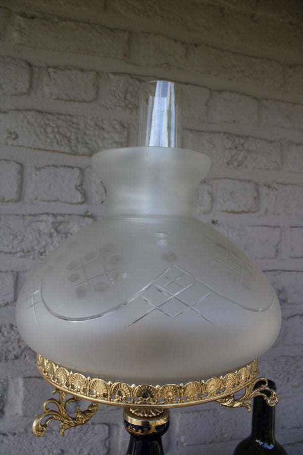 LARGE cobalt blue limoges porcelain decor table lamp glass shade
