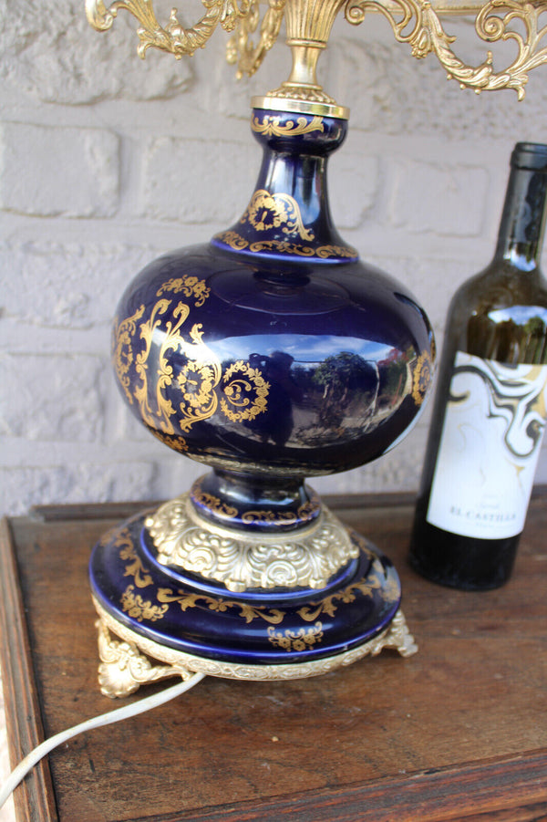 LARGE cobalt blue limoges porcelain decor table lamp glass shade