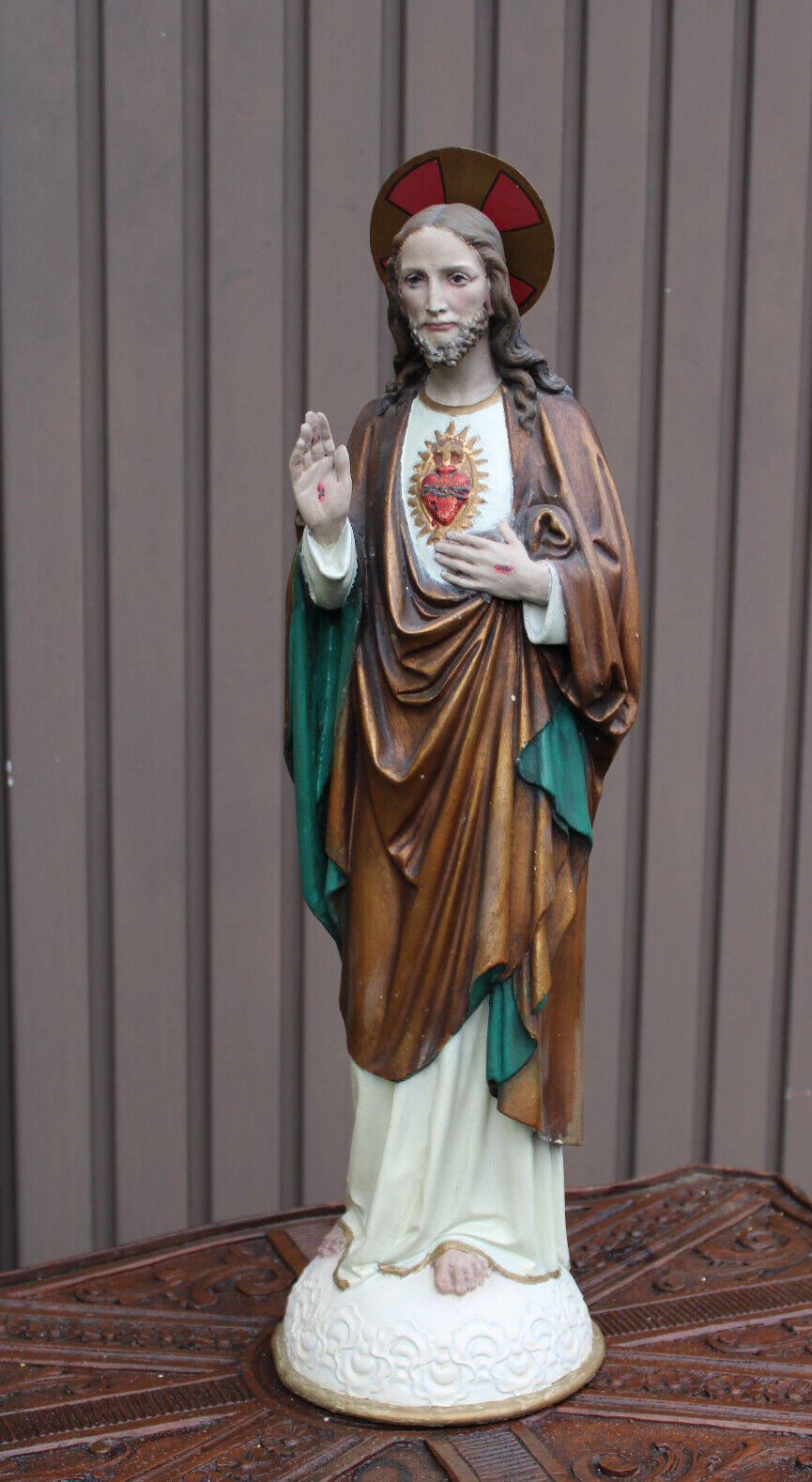 Antique 26,3" XL ceramic chalk sacred heart christ jesus statue religious