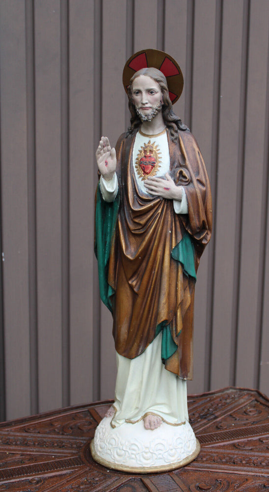 Antique 26,3" XL ceramic chalk sacred heart christ jesus statue religious