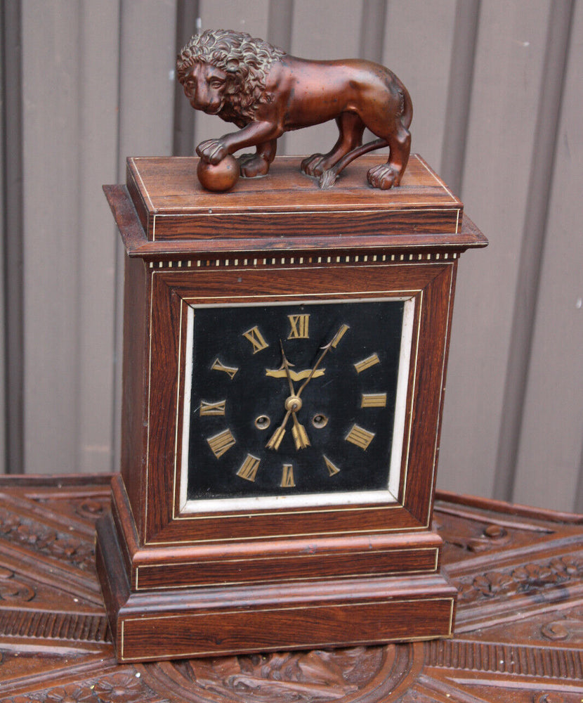 Antique Wood carved bronze lion mantel clock