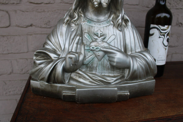 Antique french ceramic chalk jesus christ sacred heart bust statue marked