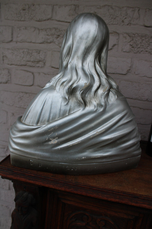 Antique french ceramic chalk jesus christ sacred heart bust statue marked