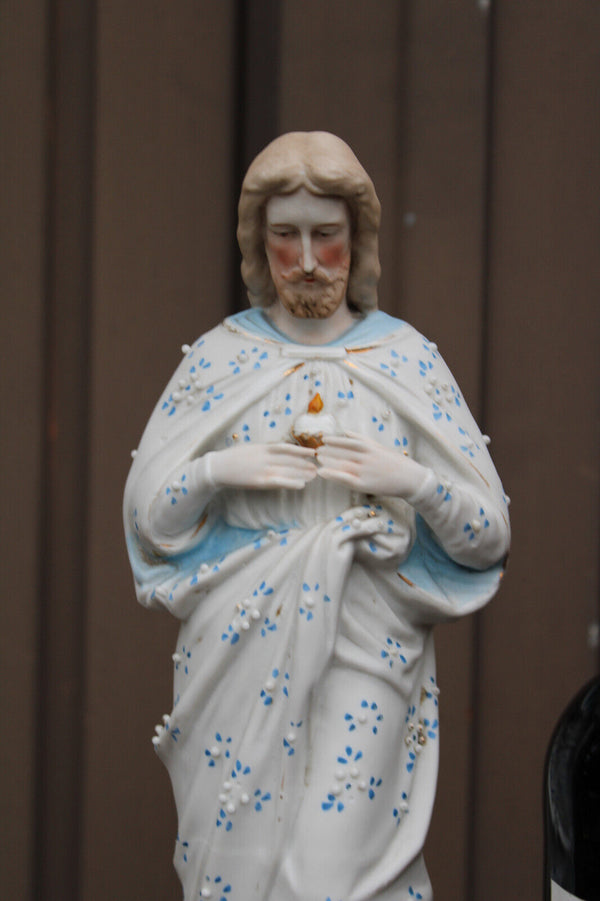 Antique bisque porcelain saint sacred heart jesus christ statue figurine