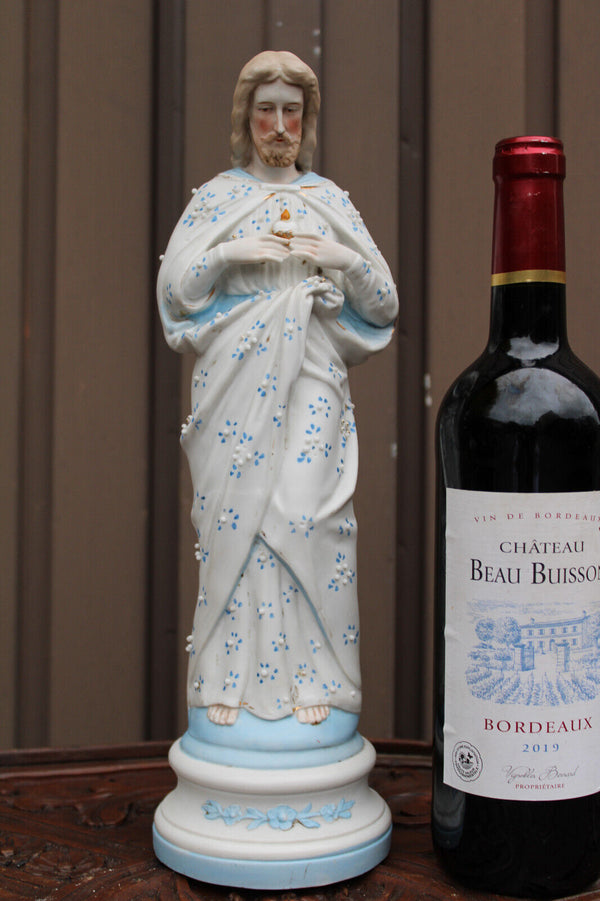 Antique bisque porcelain saint sacred heart jesus christ statue figurine