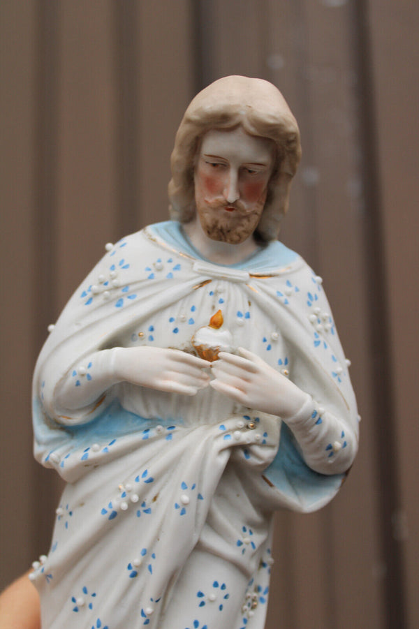 Antique bisque porcelain saint sacred heart jesus christ statue figurine
