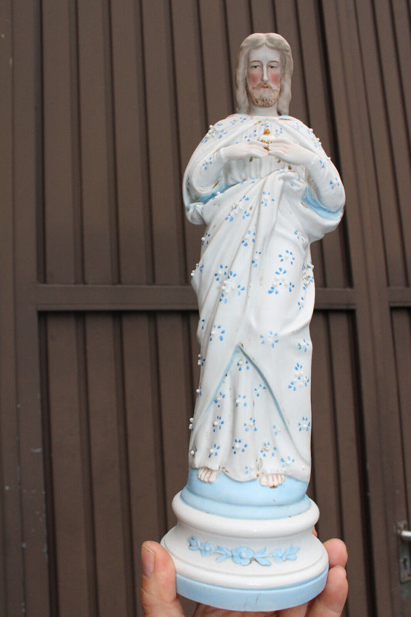 Antique bisque porcelain saint sacred heart jesus christ statue figurine