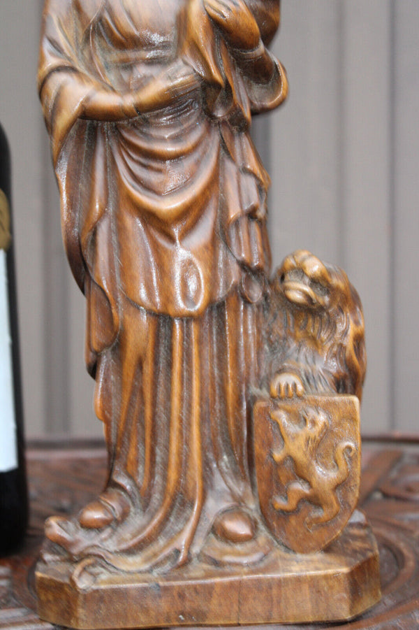 Antique wood carved our lady of Flanders statue religious lion
