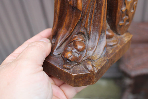 Antique wood carved our lady of Flanders statue religious lion