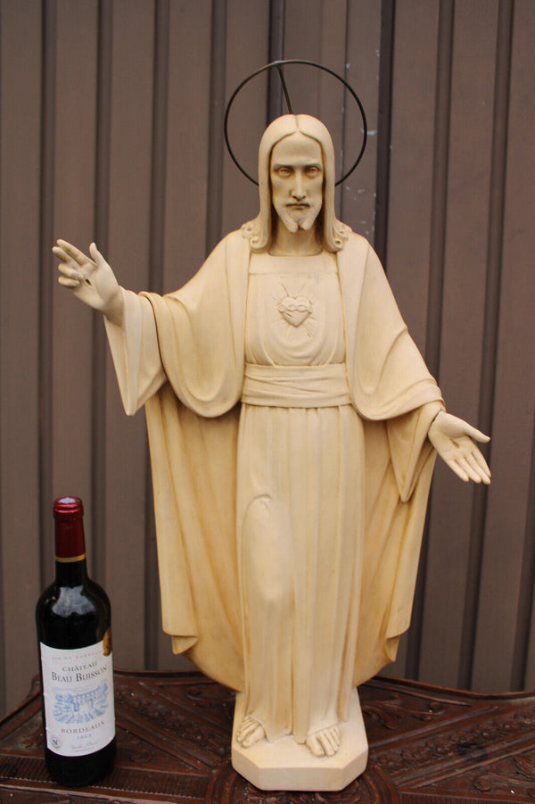 Antique XL Ceramic chalk sacred heart christ statue church religious signed