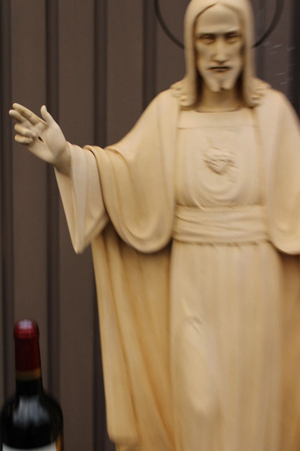 Antique XL Ceramic chalk sacred heart christ statue church religious signed