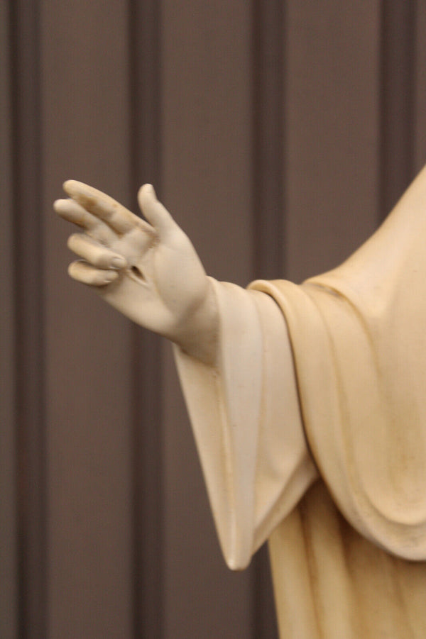 Antique XL Ceramic chalk sacred heart christ statue church religious signed