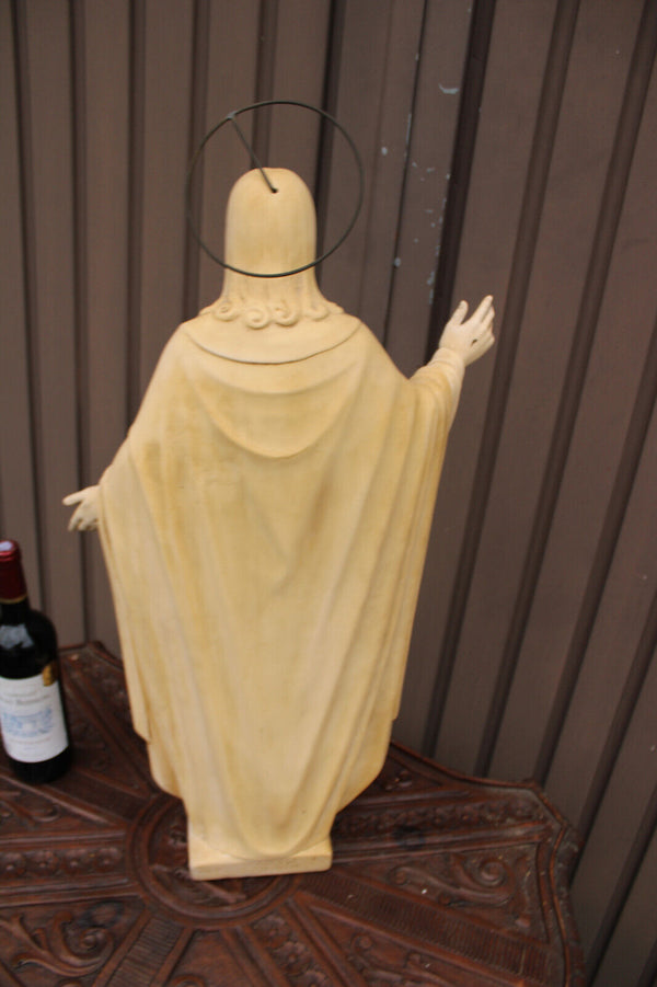 Antique XL Ceramic chalk sacred heart christ statue church religious signed