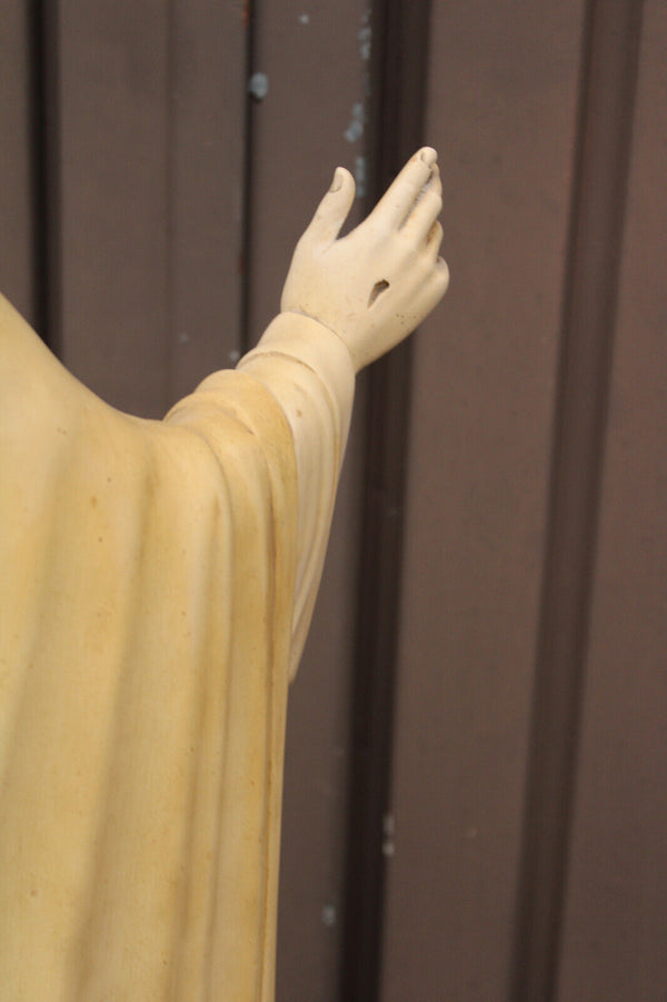 Antique XL Ceramic chalk sacred heart christ statue church religious signed