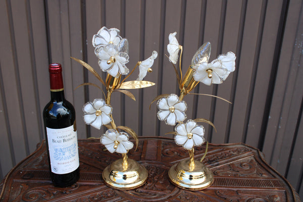 PAIR vintage Murano glass flower table lamps metal gold gilt 1970s
