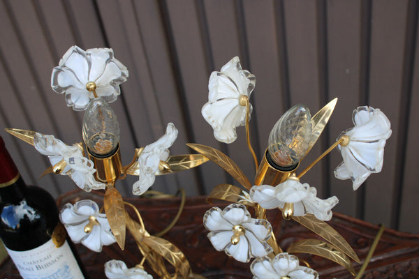 PAIR vintage Murano glass flower table lamps metal gold gilt 1970s